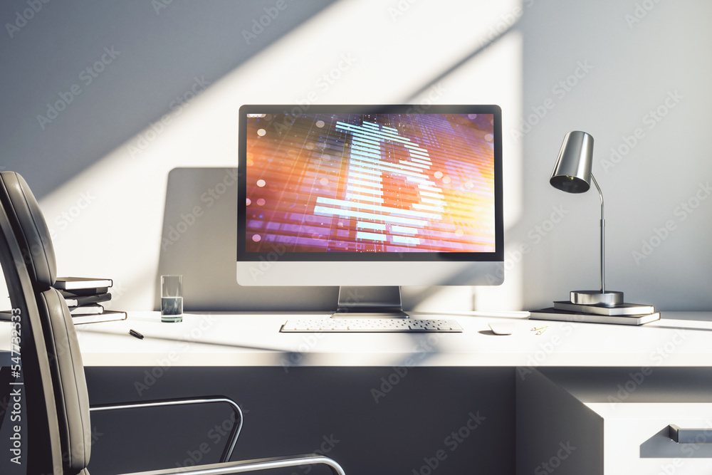 Poster Modern computer display with creative Bitcoin symbol hologram. Mining and blockchain concept. 3D Rendering