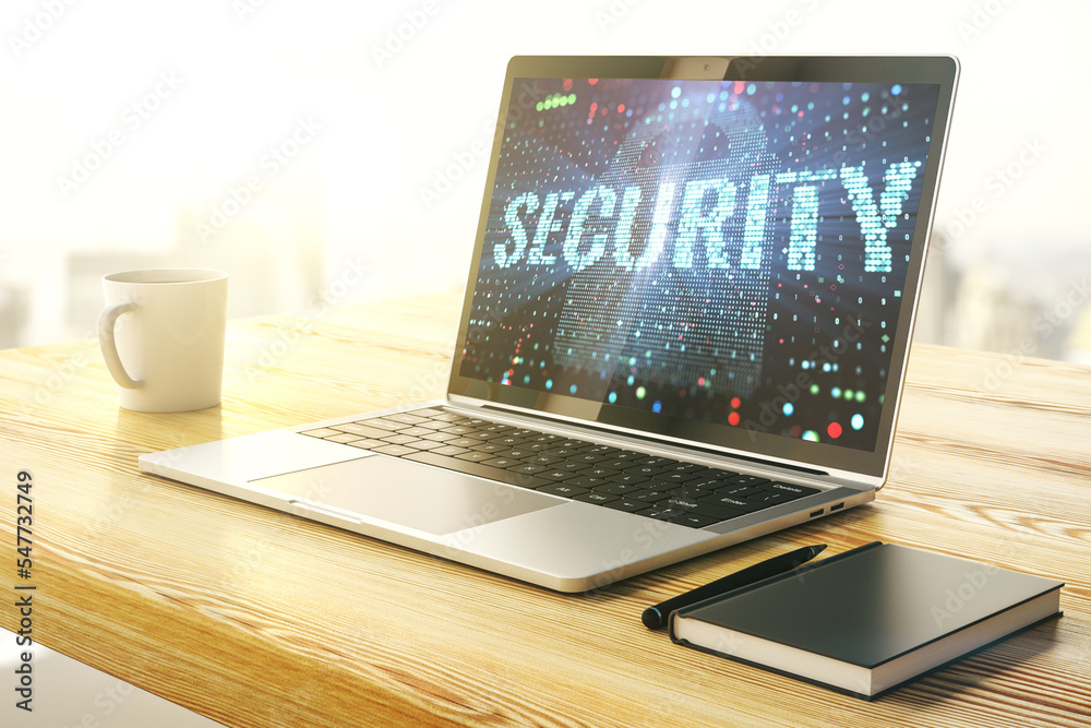 Poster cyber security creative concept on modern laptop monitor. 3d rendering