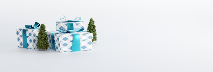 Gift box and Christmas tree on a light white background. Concept of making gifts for christmas, gift buying, christmas gifts. 3D render, 3D illustration.