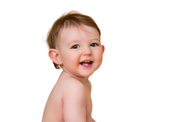 Happy baby toddler boy is sitting in a bathtub, isolated on white background. A smiling child at...