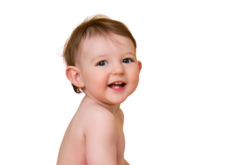 Happy baby toddler boy is sitting in a bathtub, isolated on white background. A smiling child at the age of one year