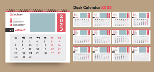 Minimal style desk calendar 2023 template with Place for Photo, Company Logo, and Contact information. 


