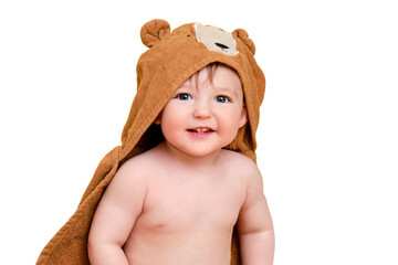 Happy baby toddler boy is sitting in a tub, isolated on white background. A smiling child at the age of one year