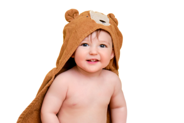 Happy baby toddler boy is sitting in a tub, isolated on white background. A smiling child at the age of one year