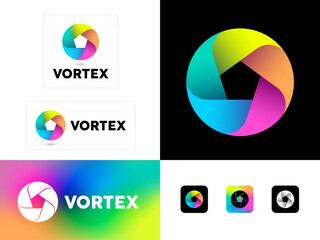 Vortex logo. Color circle consists of five ribbons. Identity, corporate style.