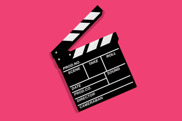 Fototapeta na wymiar Clapperboard for shooting video footage takes on a pink background