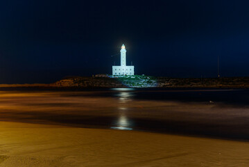 Vieste, Italy. Night view of the lighthouse of Vieste illuminated. September 9, 2022.