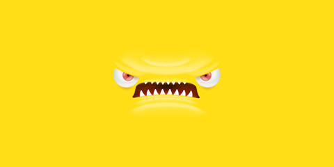 Vector angry yellow monster face with open mouth with fangs and evil eyes isolated on yellow horizontal background. Halloween cute and angry monster design template for poster, banner and tee print
