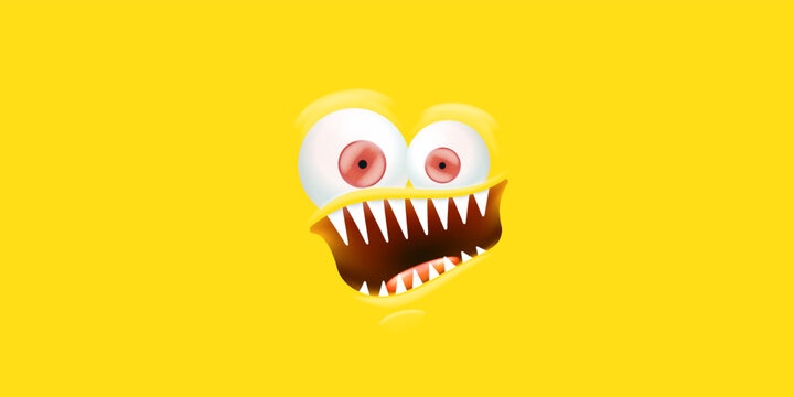 Vector angry yellow monster face with open mouth with fangs and evil eyes isolated on yellow horizontal background. Halloween cute and angry monster design template for poster, banner and tee print