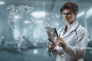 Doctor studying world map using tablet .