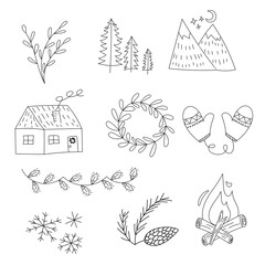 Winter essentials, stuff, vector doodle pack, simple art, Christmas, house, trees, mountains, mittens, snowflakes, fireplace, lights, garland, leaves, cone, stars, for print, stickers, black and white