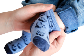 A mother woman wears blue socks to a foot baby boy, isolated on a white background. Mom dresses a leg child in clothes. Kid nine months old