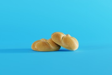 Buns on a light background. The concept of eating and baking bread. Two buns stacked side by side. 3D render; 3D illustration.
