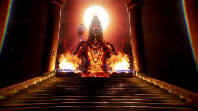 Indian god lord shiva temple 3d fire energy trippy vj loop glowing moon space fractal texture psychedelic warm night 4k hinduism video 