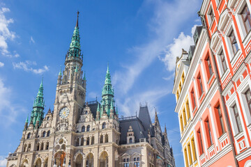 Fototapeta na wymiar Colorful houses and historic town hall in Liberec, Czech Republic