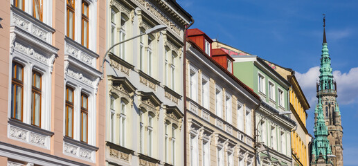 Fototapeta premium Panorama of historic buildings and tower of the city hall in Liberec, Czech Republic