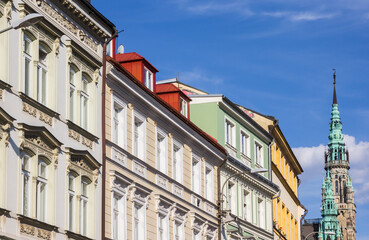 Historic buildings and tower of the city hall in Liberec, Czech Republic