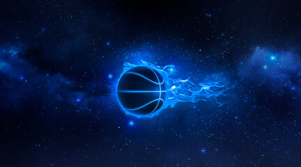 Basketball on light blue flames floating in the Planet view from space. 3d render