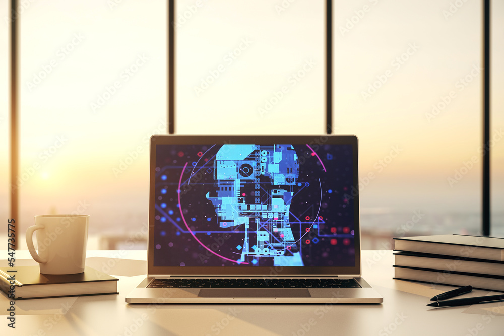 Leinwandbilder Modern computer screen with creative human head microcircuit. Future technology and AI concept. 3D Rendering
