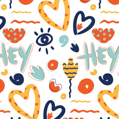 Funky heart and flowers vector pattern. Hey calligraphy. Motivated abstract phone wallpaper. Phone case design. Gift card. Wrapping paper.