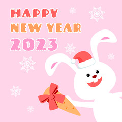 Happy New Year greeting card with a bunny and carrots on a pink background