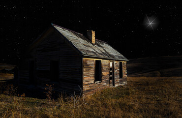 Deserted home in ruins with the Christmas star above