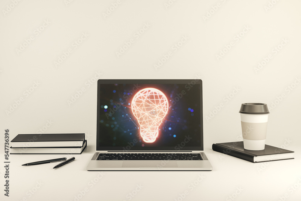 Aufkleber Modern computer monitor with creative light bulb hologram, research and development concept. 3D Rendering