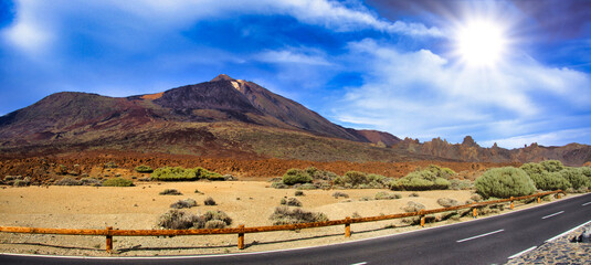 Sand Desert with blue sky, Panorama, Teide volcano, Tenerife, Canarian Islands