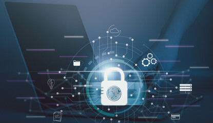 Cybersecurity and fingerprint scan unlock technology concept. Access data network, Digital privacy cloud protect business by biometric identification from online cyber attack in blue background.