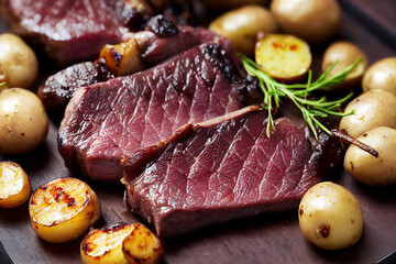 Grilled beef venison steak with herbs, spices, mushroom and potato serving bon appetit