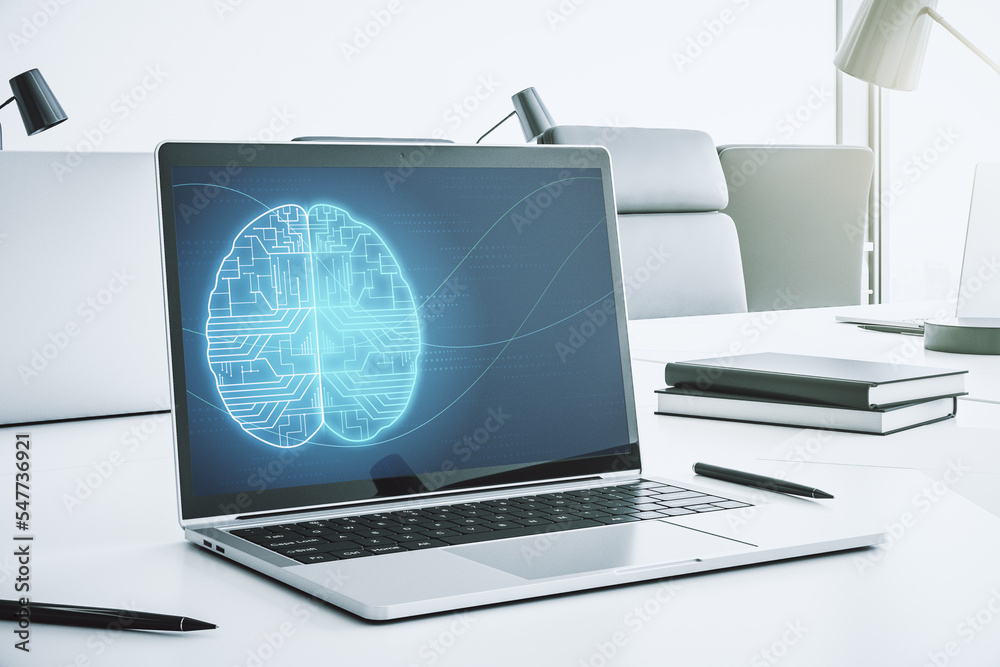 Aufkleber Creative artificial Intelligence concept with human brain sketch on modern laptop monitor. 3D Rendering
