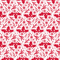 Winter seamless pattern with mistletoe, snowflakes and fir branches as background, wallpaper. Endless repeating texture for printing on package, wrapper, fabric, envelope, card or cloth.