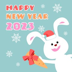 Happy New Year greeting card with a bunny and snowflakes on a blue background