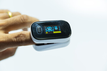 Woman resting at home using pulse oximeter to monitor blood oxygen levels and pulse rate on white background.Finger inserted into the pressure oximeter to assess health from the living room home.