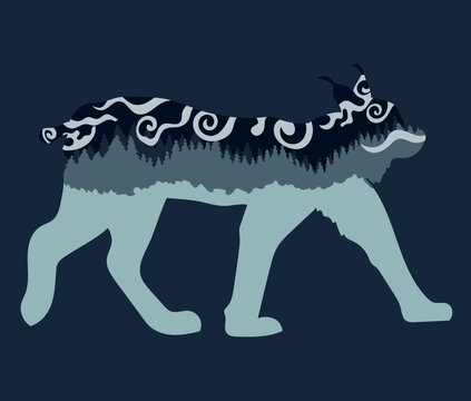 Vector illustration of a minimalistic dark landscape inside the silhouette of a lynx, bobcat. Inside there is a fir forest on the mountain and gusts of wind with spiral curls. An image for your design