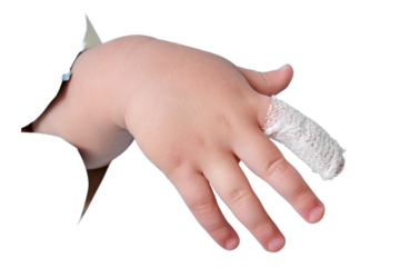 Baby s hand with a bandaged finger on a white isolated background, close-up. Injured index finger of a child wrapped in a white bandage. Kid boy aged one year and three months
