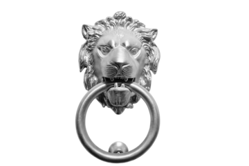 Head of a lion in silver color for knocking on a white door, isolated on a white background. Knocker in the form of a muzzle of a lion with a ring, close-up