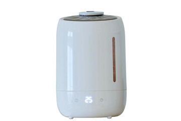 Humidifier in the home living room next to the houseplant, isolated on a white background