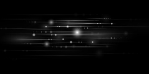 Horizontal light rays, bursts of white rays. On a black background.