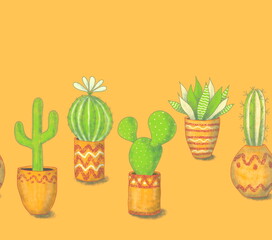 Seamless border with hand drawn elements. Different cacti and succulents in terracotta ceramic pots on a bright orange background. Ready to be used for the design of fabrics, wrapping paper.