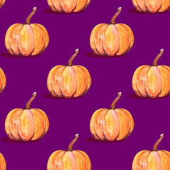 Seamless pattern of single orange pumpkins on a purple background. Hand-drawn elements for Halloween design of wrapping paper fabrics and other surfaces.