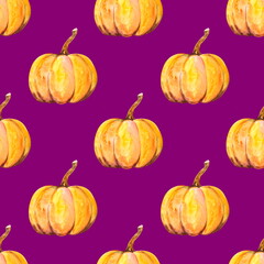 Seamless pattern of single orange pumpkins on a purple background. Hand-drawn elements for Halloween design of wrapping paper fabrics and other surfaces.