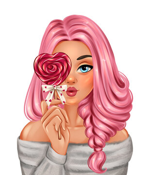 Beautiful girl with pink hair and lollipop. Hand drawing cartoon girl portrait