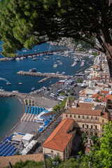Beautiful view of the Amalfi Coast. Italian summer resort on shores of the Tyrrhenian Sea, small neat colored houses.