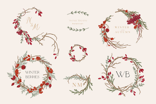 Set with vintage wreaths. Colorful