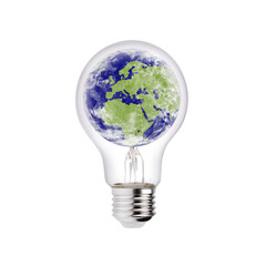 Green energy idea. Sustainable earth concept. Environmental and global warming. Ecology innovation. Green globe. Planet isolated. Lightbulb and earth protection. Europe.