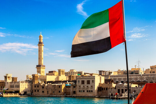 UAE flag against  bay Creek, Dubai