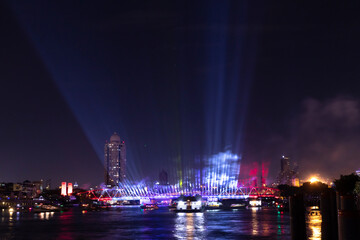 ‘Vijit Chao Phraya’ lighting extravaganza opens in Bangkok to great fanfare at Phra Phuttha Yodfa Bridge (Memorial Bridge). Illumination and light shows along the Chao Phraya River. Public event.