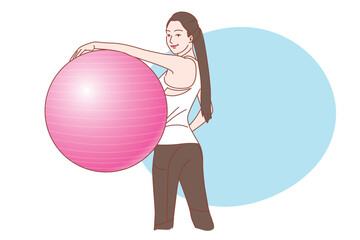 Fototapeta premium Young healthy woman exercising using a ball. vector illustration.