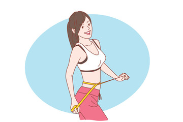 girl in exercise clothes measuring around your waist with yellow tape measure. vector illustration.